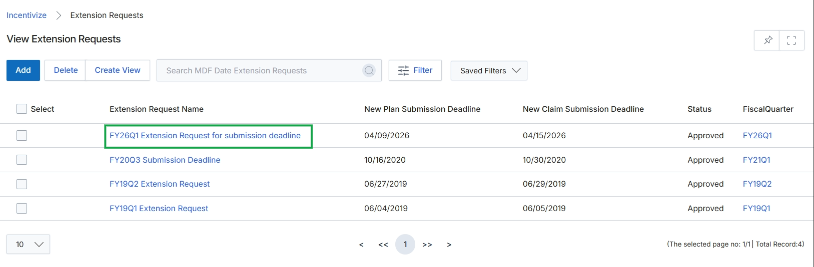 Extension Requests list view