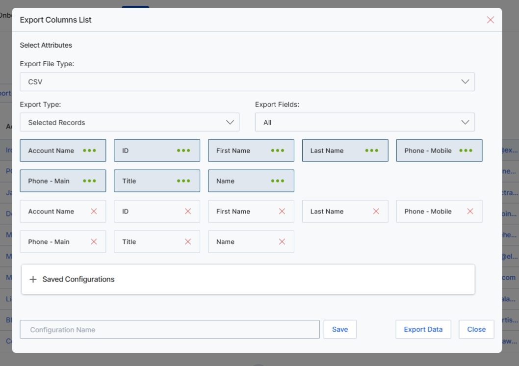 Export Columns List dialog