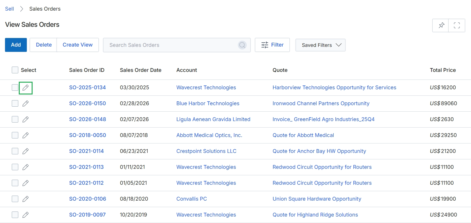 Sales Orders list view