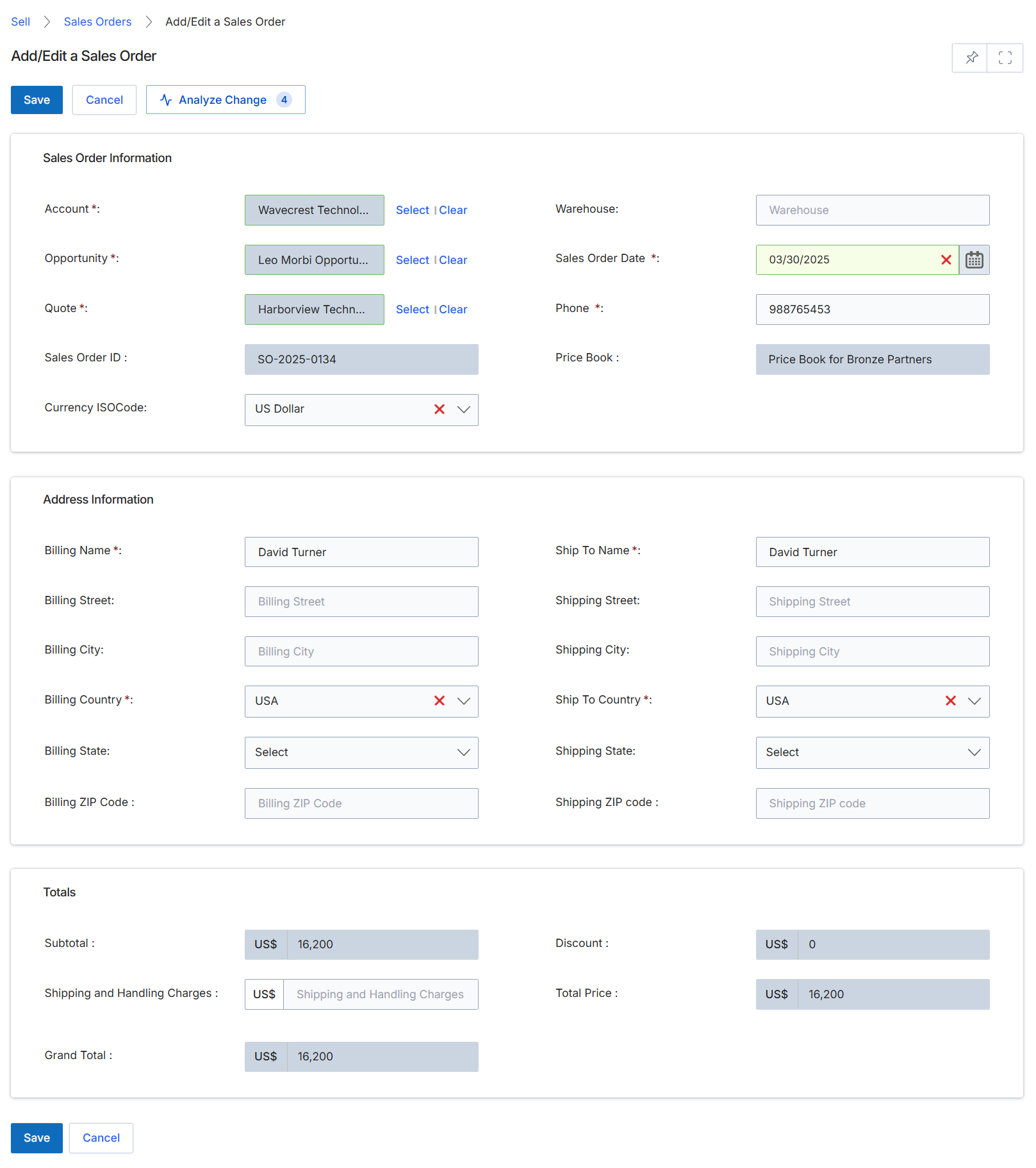 Add/Edit Sales Order form