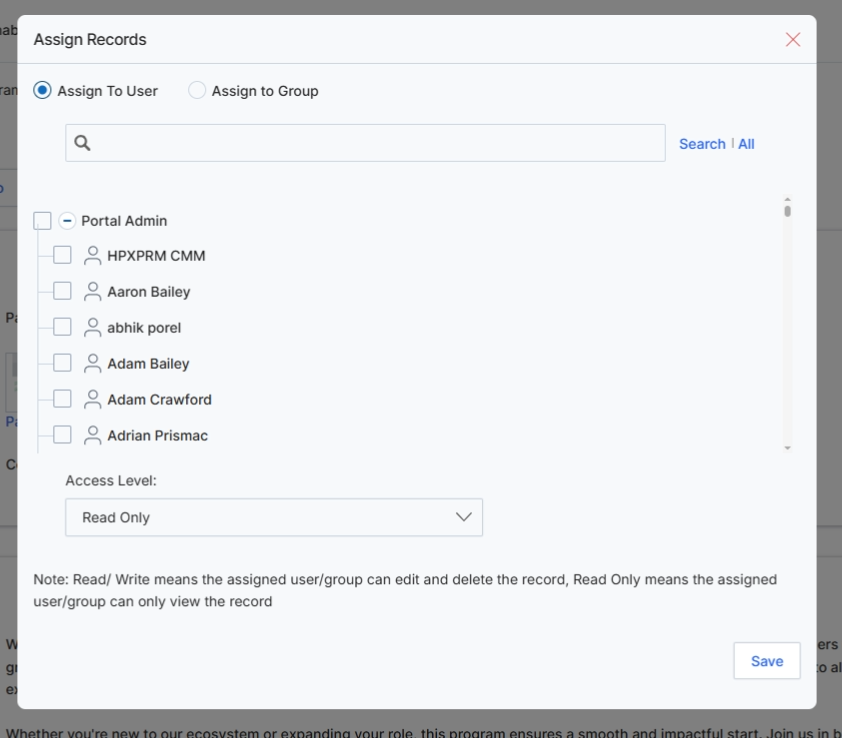 Assign Records modal for Program