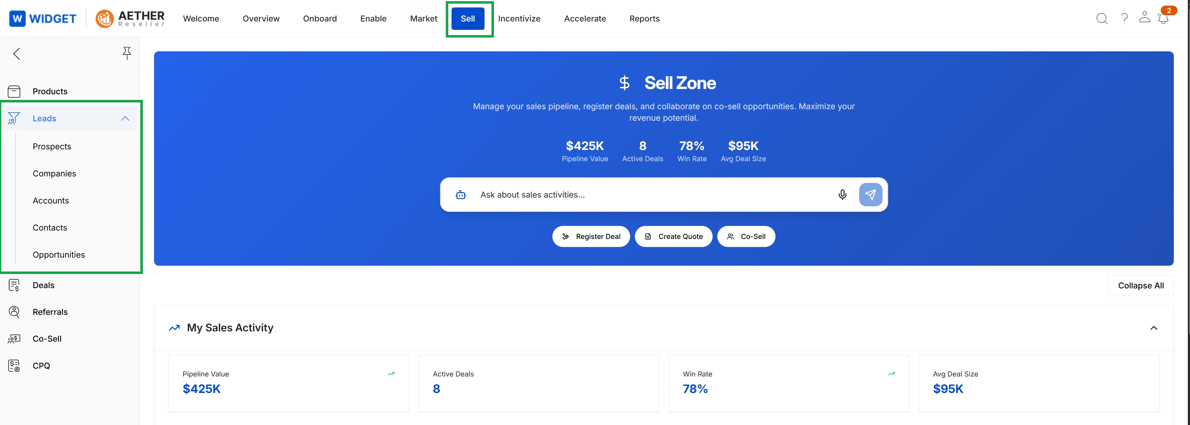 Sell module landing page with Leads menu expanded