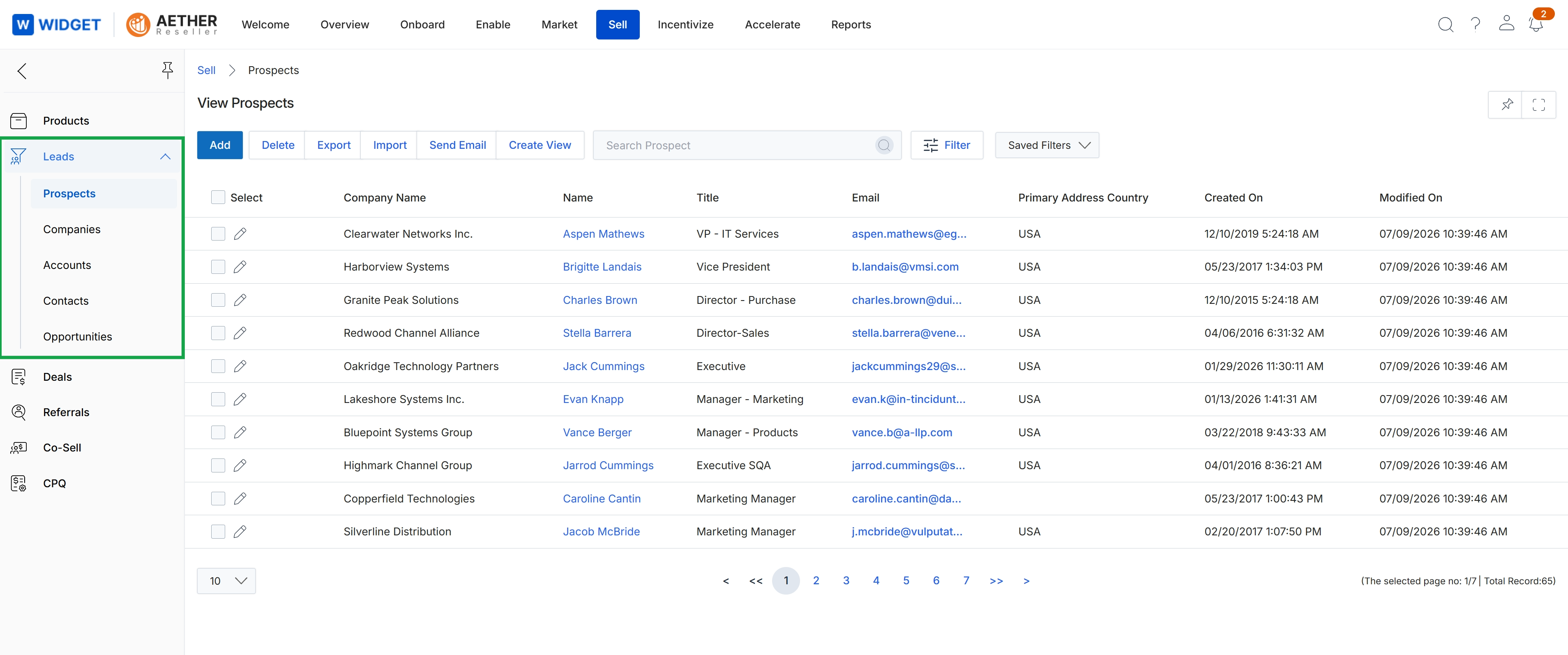 Sell module prospects list view