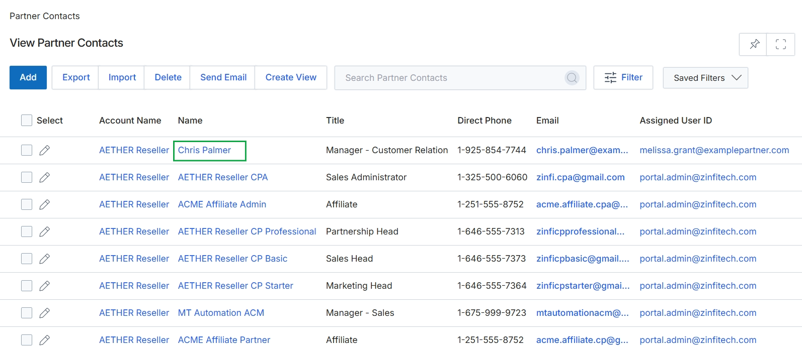 Partner Contacts list view