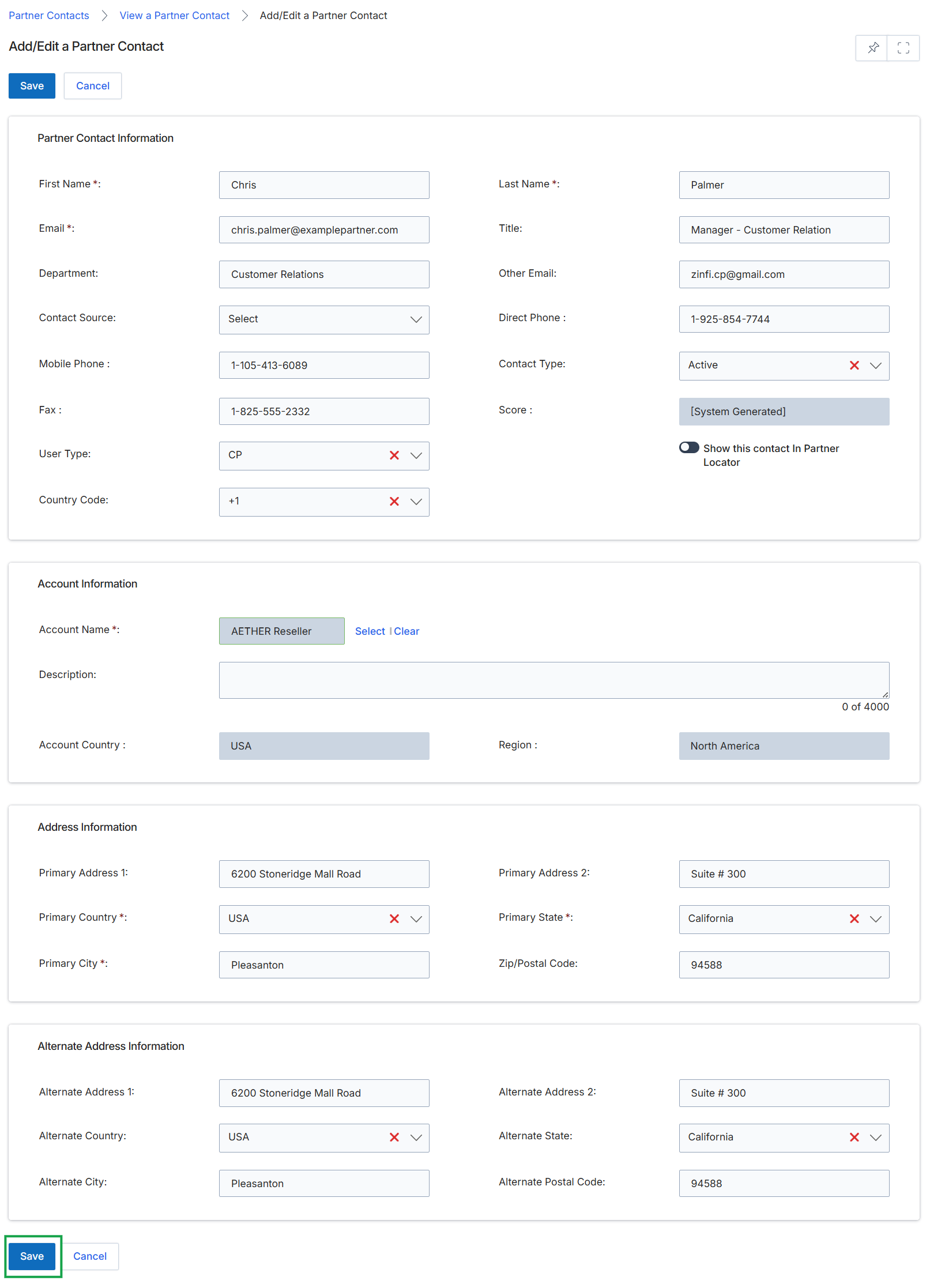 Add/Edit Partner Contact detail form