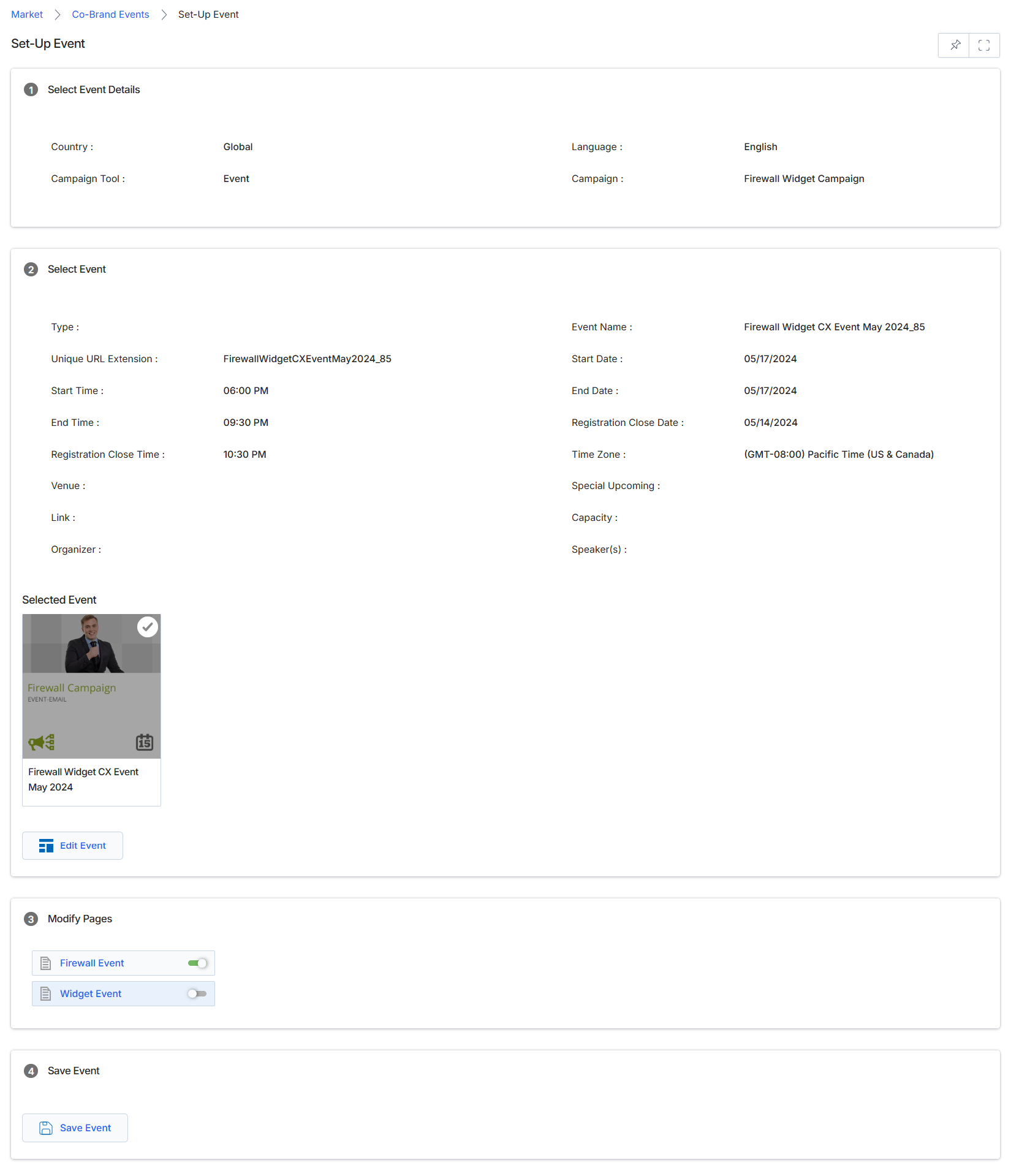 Set-Up Event configuration screen