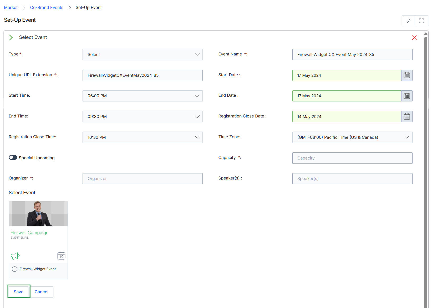 Set-Up Event form