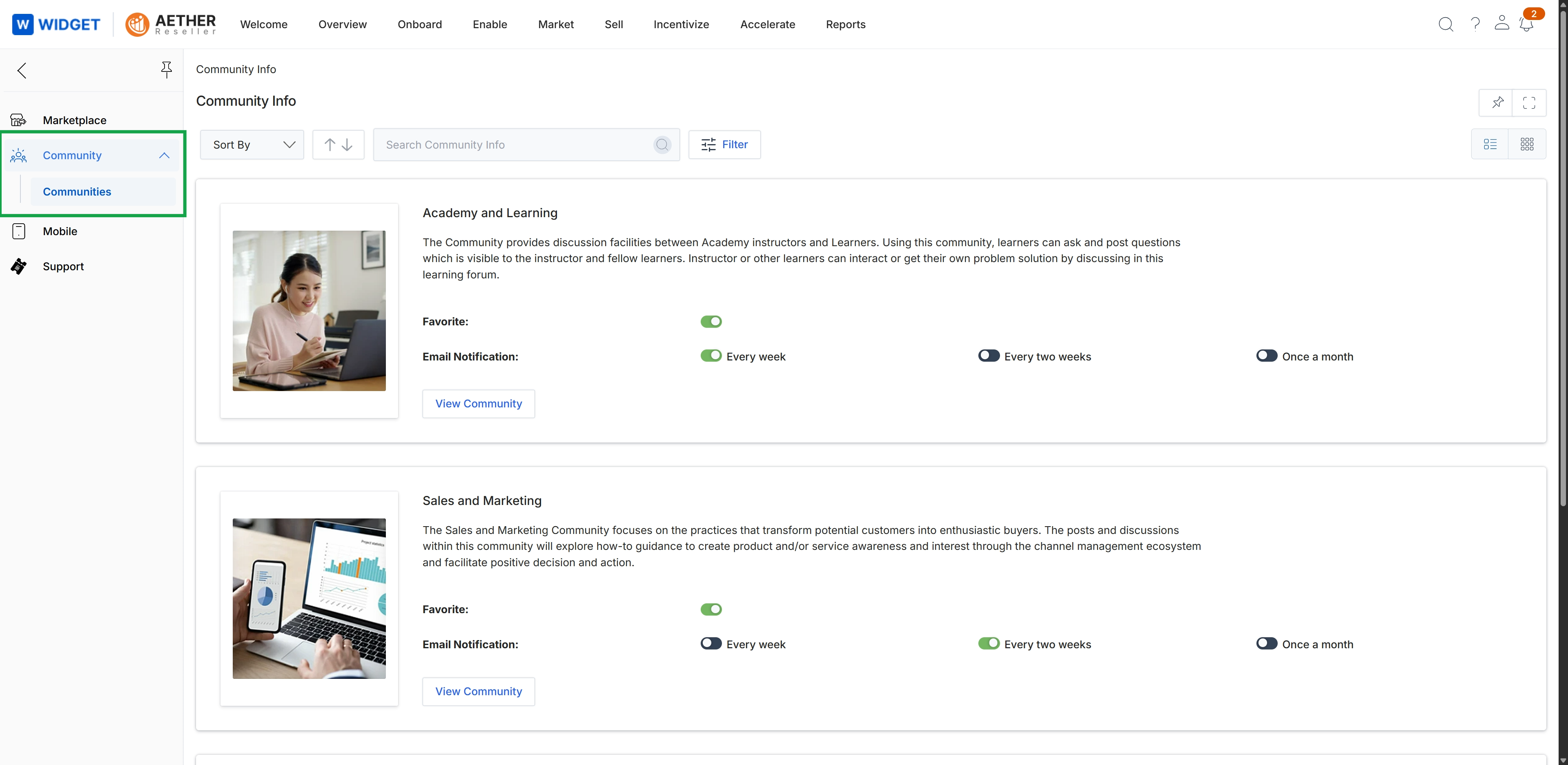 Partner community listing and notification settings