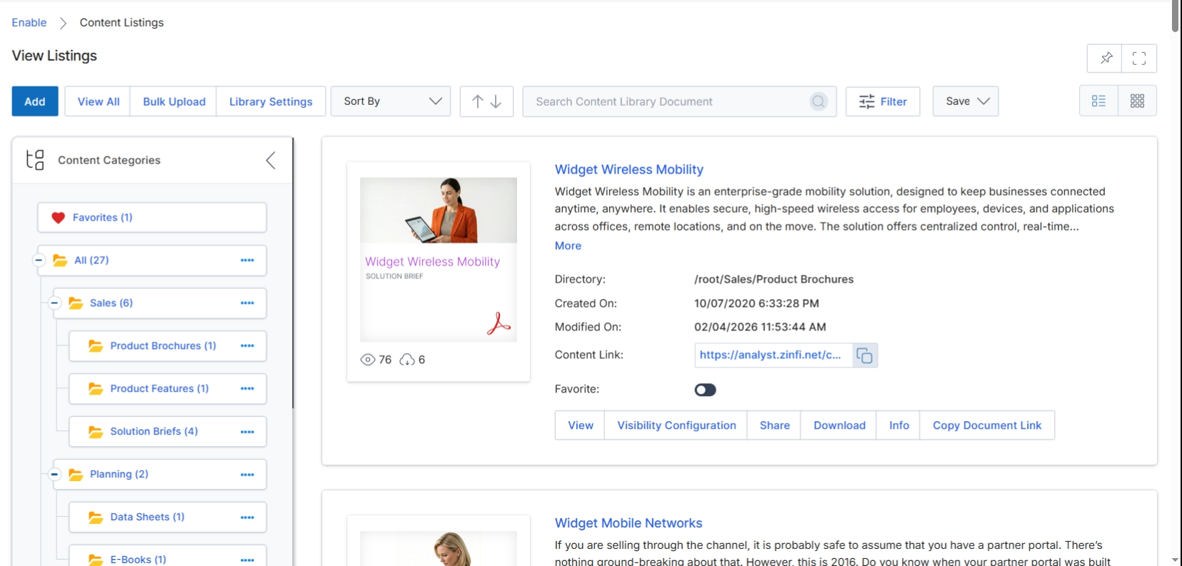 The Content Listings screen within the Enable module serves as the central repository for all vendor-provided marketing and sales assets, documents, and other content intended for partner consumption. This library allows vendors to upload various file types, categorize them, and manage their visibility to different partner types, tiers, or segments. Partners access this content through their portal to support their sales and marketing efforts, enabling them with the necessary resources to effectively market and sell the vendor's products and services. The screen displays content items in a card-based view, providing a quick overview of each asset's details and offering various actions such as viewing, configuring visibility, sharing, downloading, or copying direct links. This view is crucial for content management, allowing vendors to ensure partners have up-to-date and relevant materials.