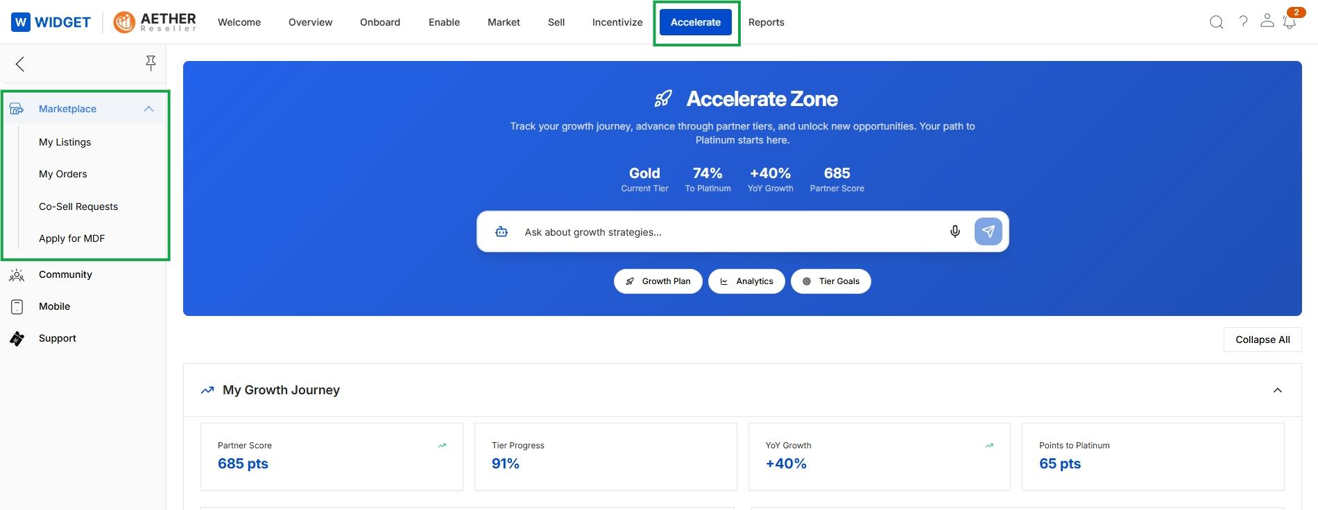 Accelerate module landing page with left navigation
