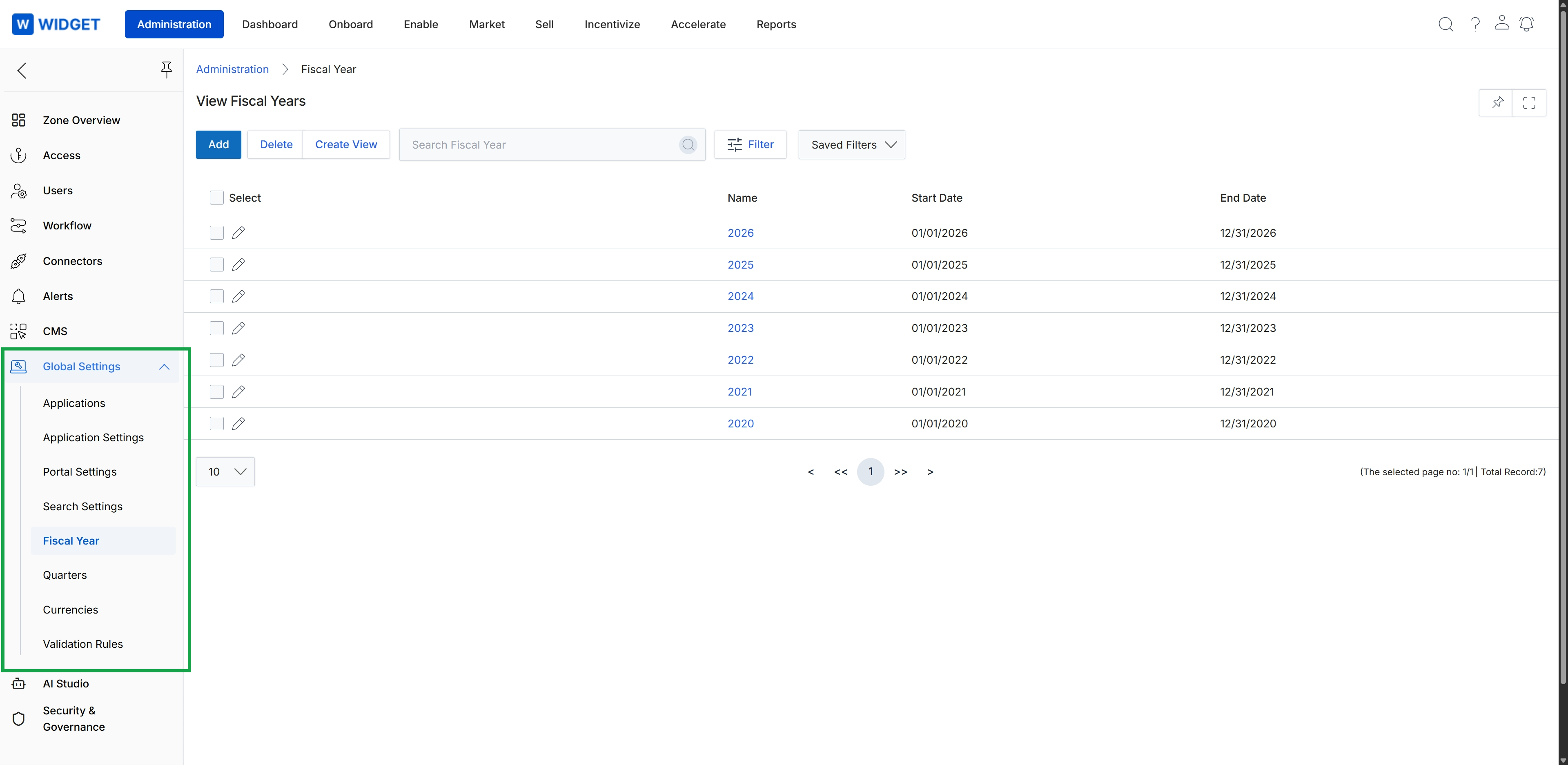 Global Settings menu expanded with Fiscal Year selected