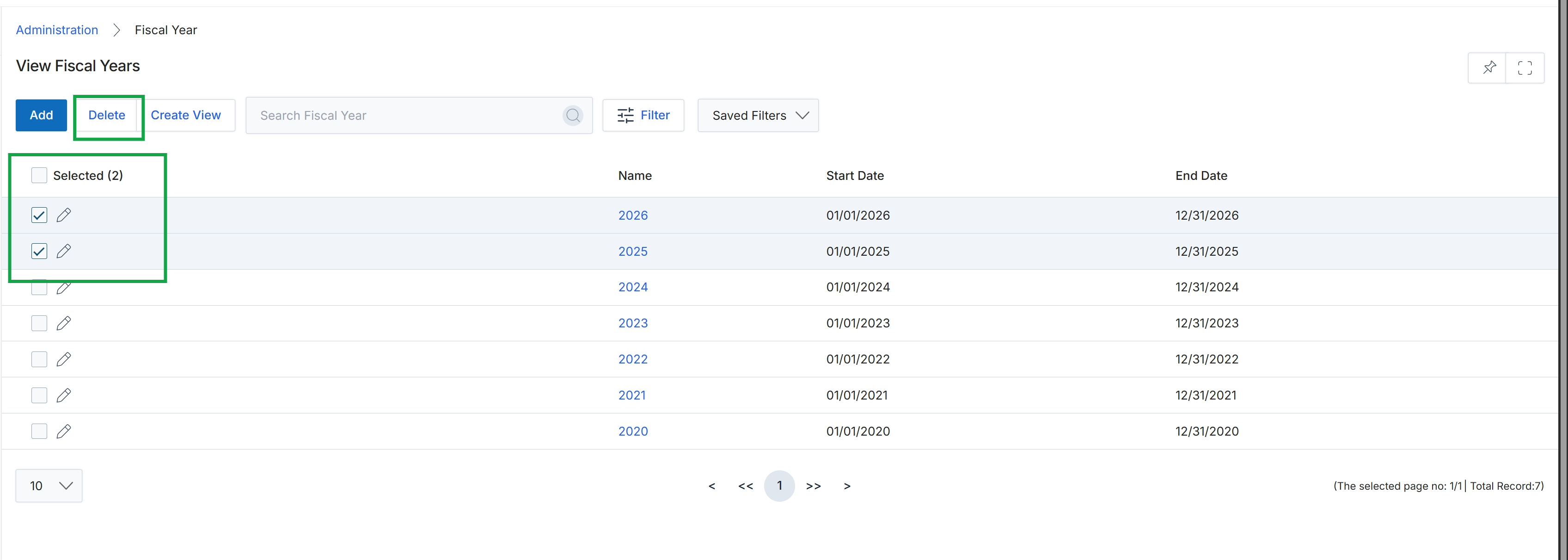 Fiscal Year list view with two items selected