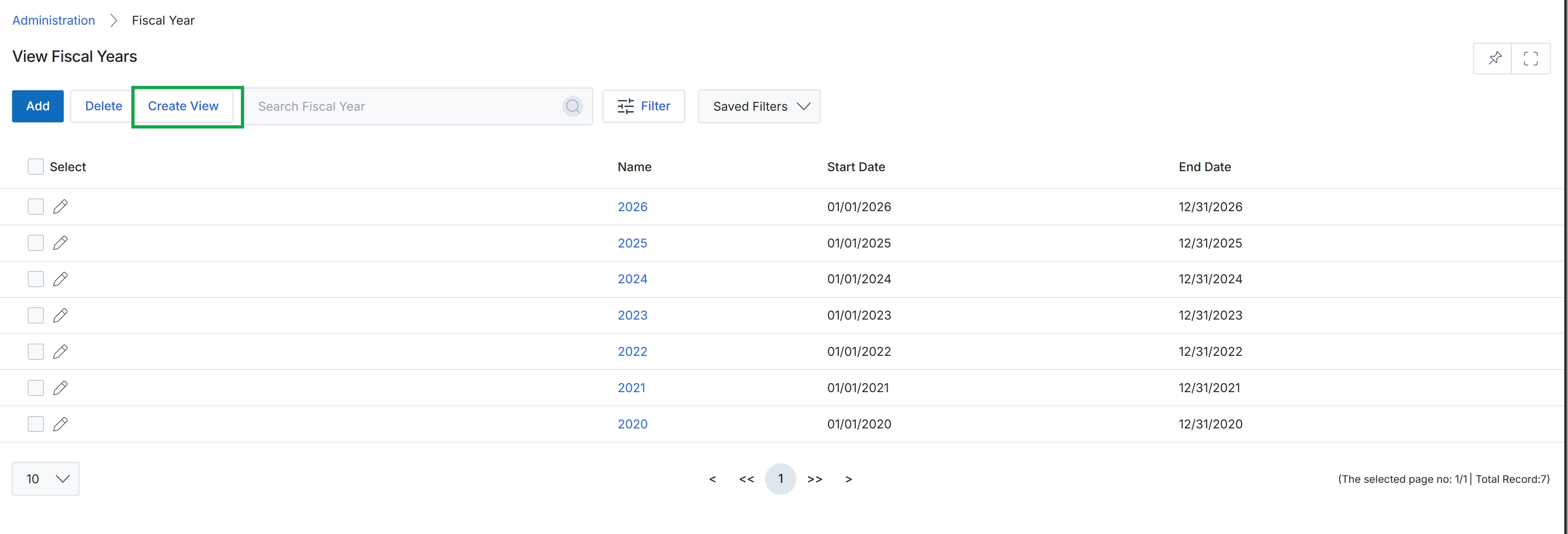 View Fiscal Years list page