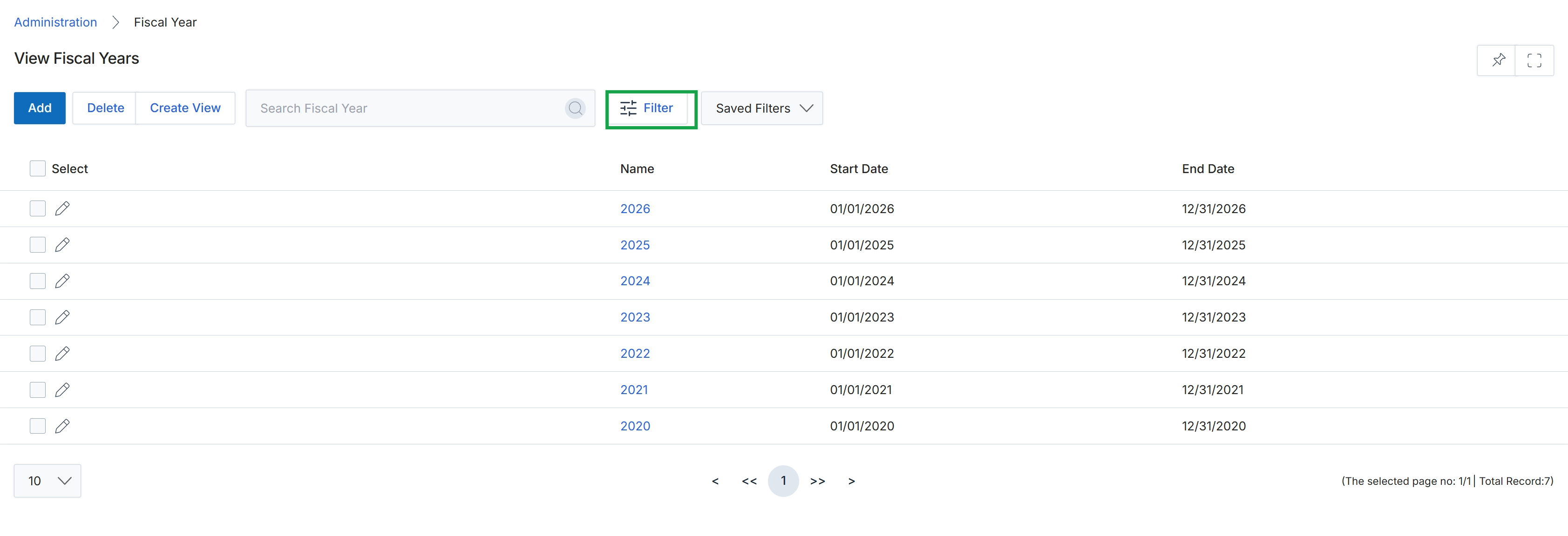 Fiscal Year list view with Filter button highlighted