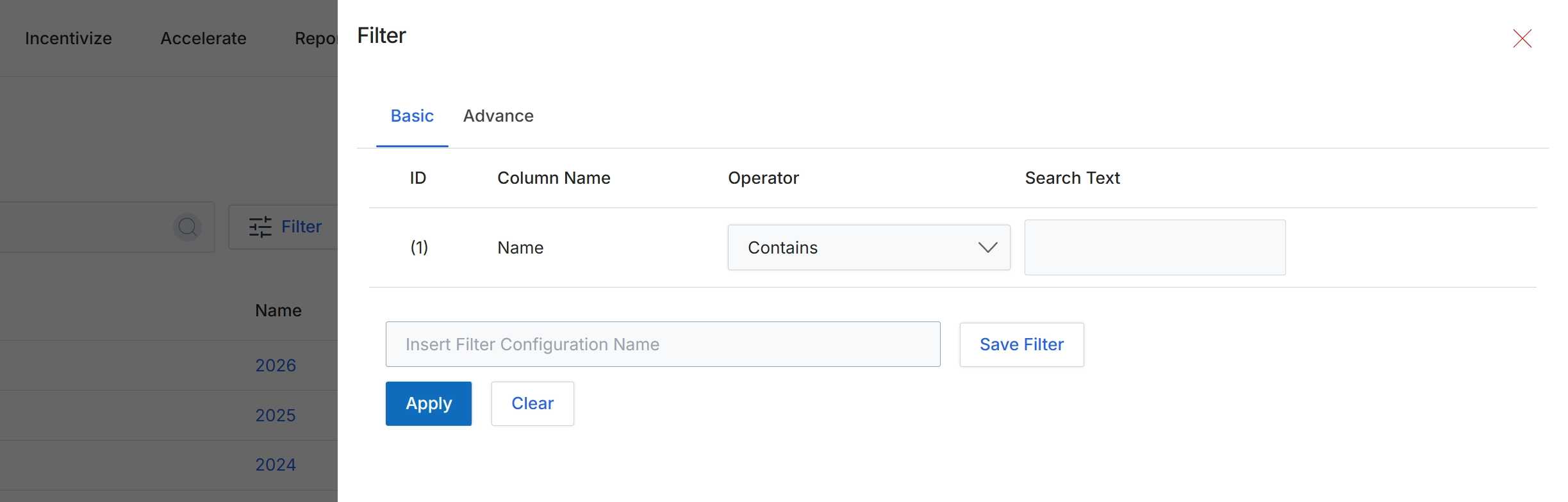 Filter dialog for Fiscal Years