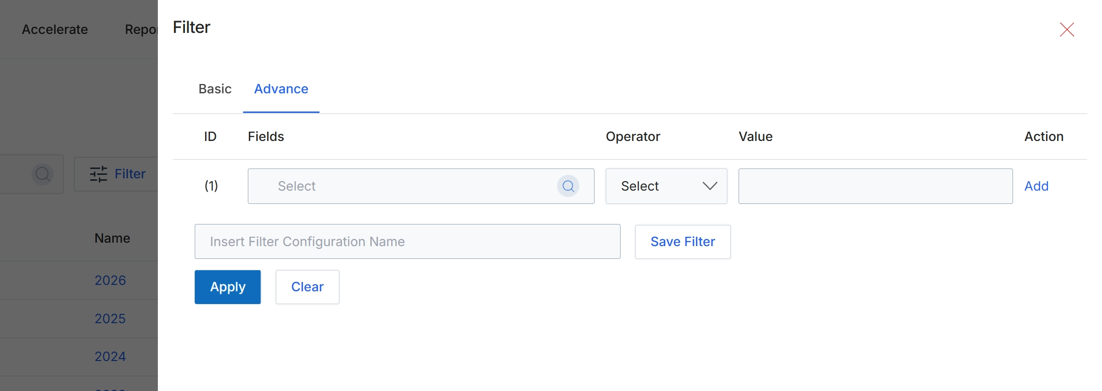 Advanced filter configuration dialog