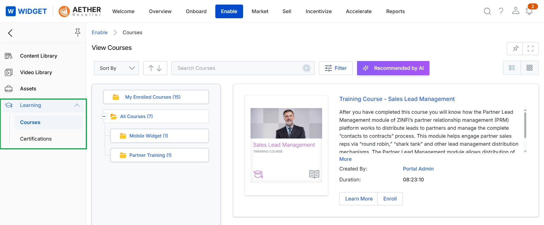 View Courses page with Learning menu expanded