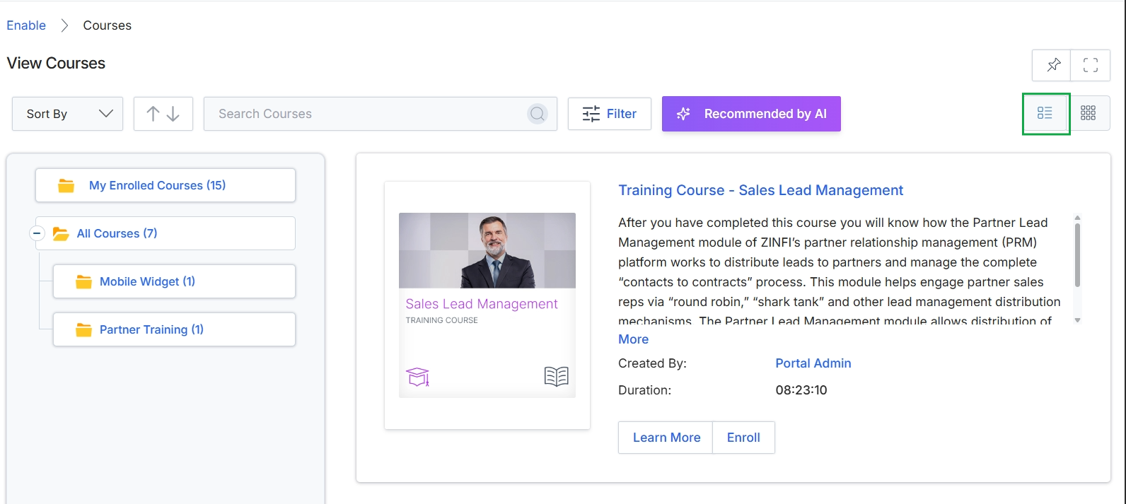 View Courses list view