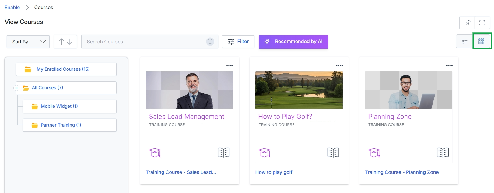 Courses displayed in thumbnail view