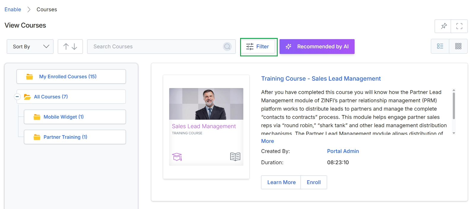 Expanded 'All Courses' section in the left panel