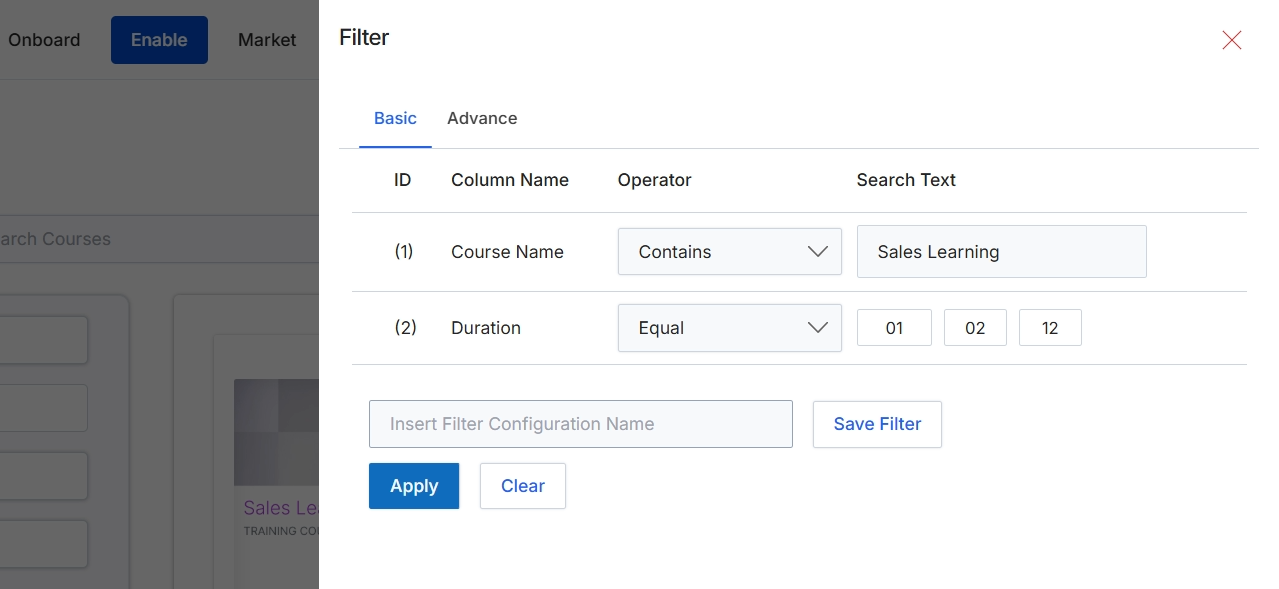 Filter configuration panel for courses