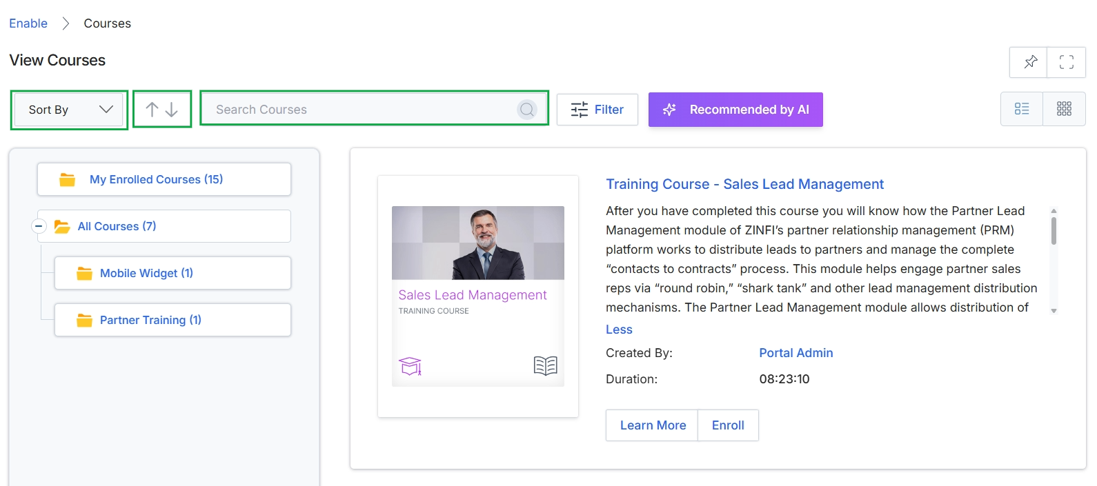 View Courses page with sort and search controls