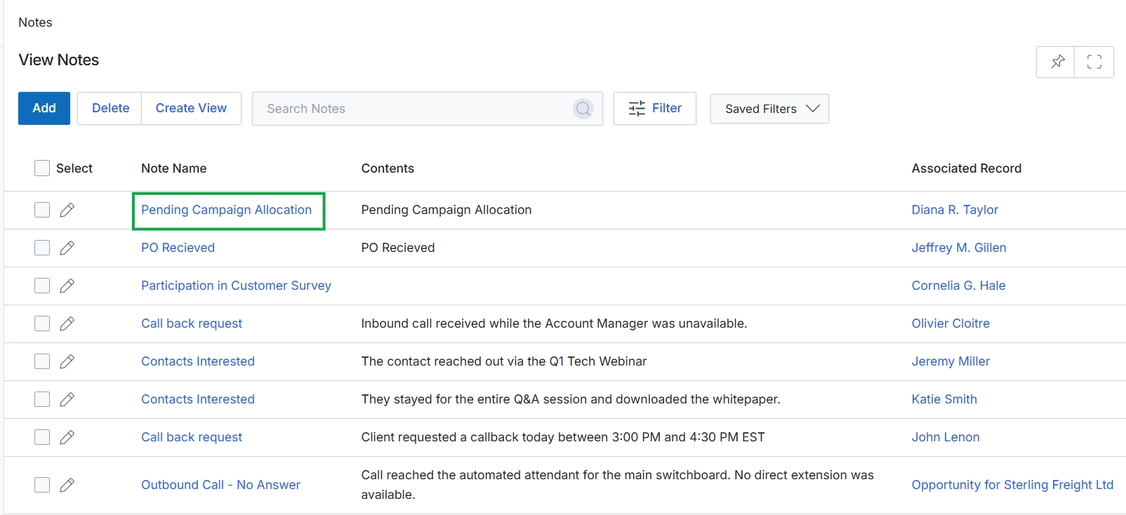 View Notes list page