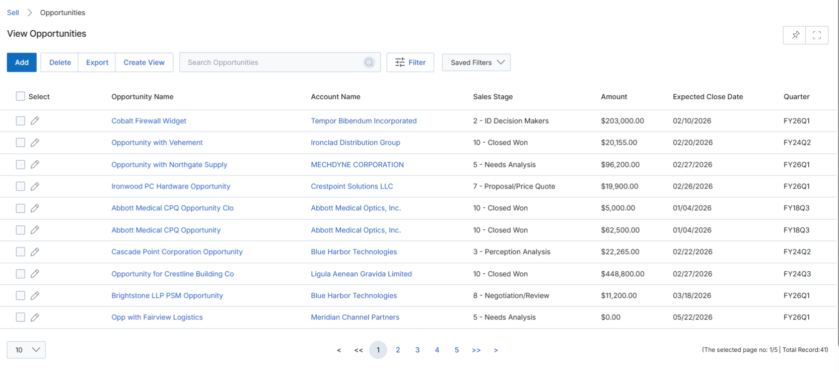 View Opportunities list