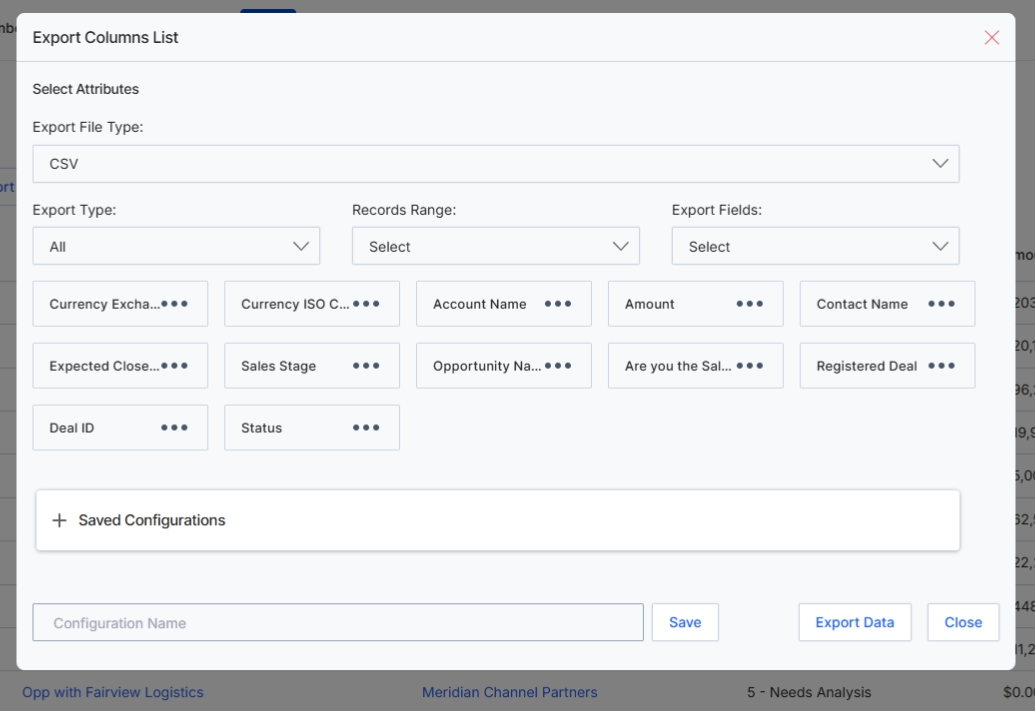 Export Columns List dialog