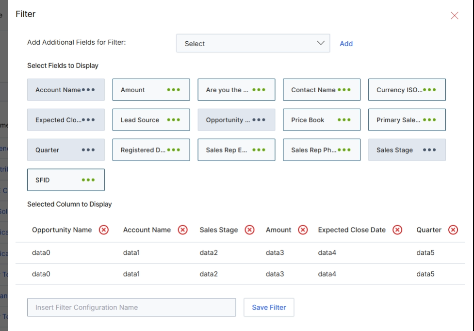 Filter configuration modal for Opportunities