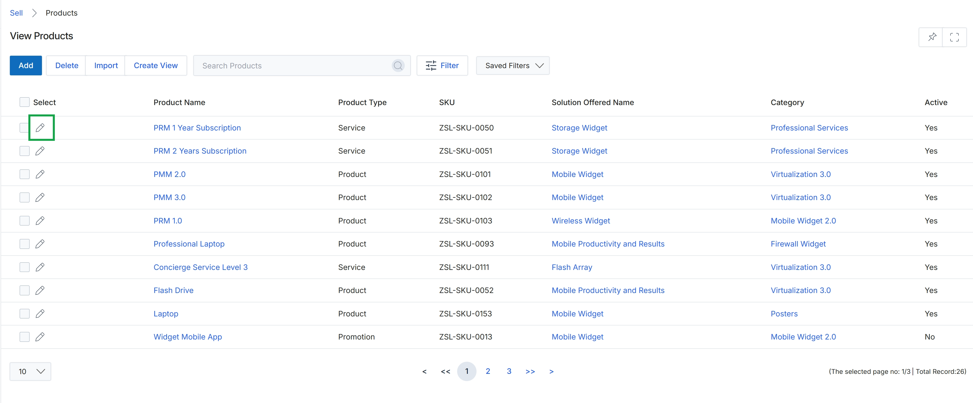 View Products list with edit icon highlighted