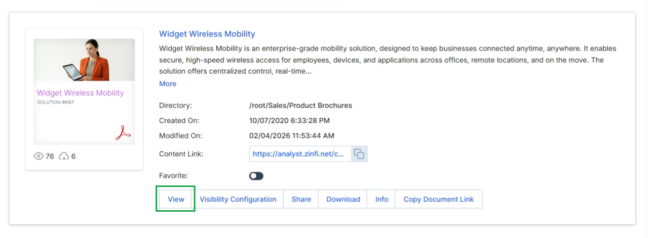 Click the View button to open the preview panel for the selected content.