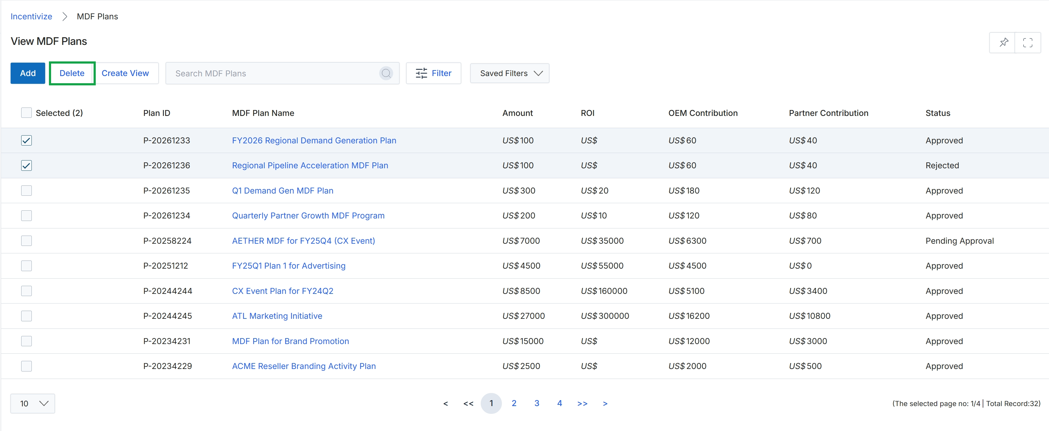View MDF Plans list with selected items
