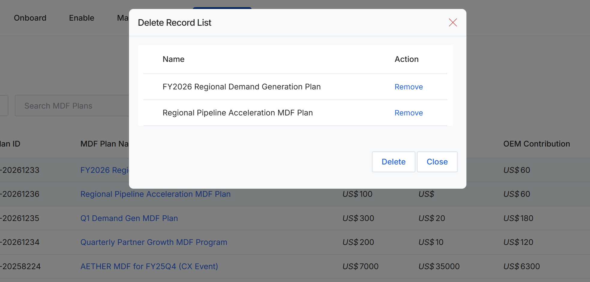 MDF Plan deletion confirmation list