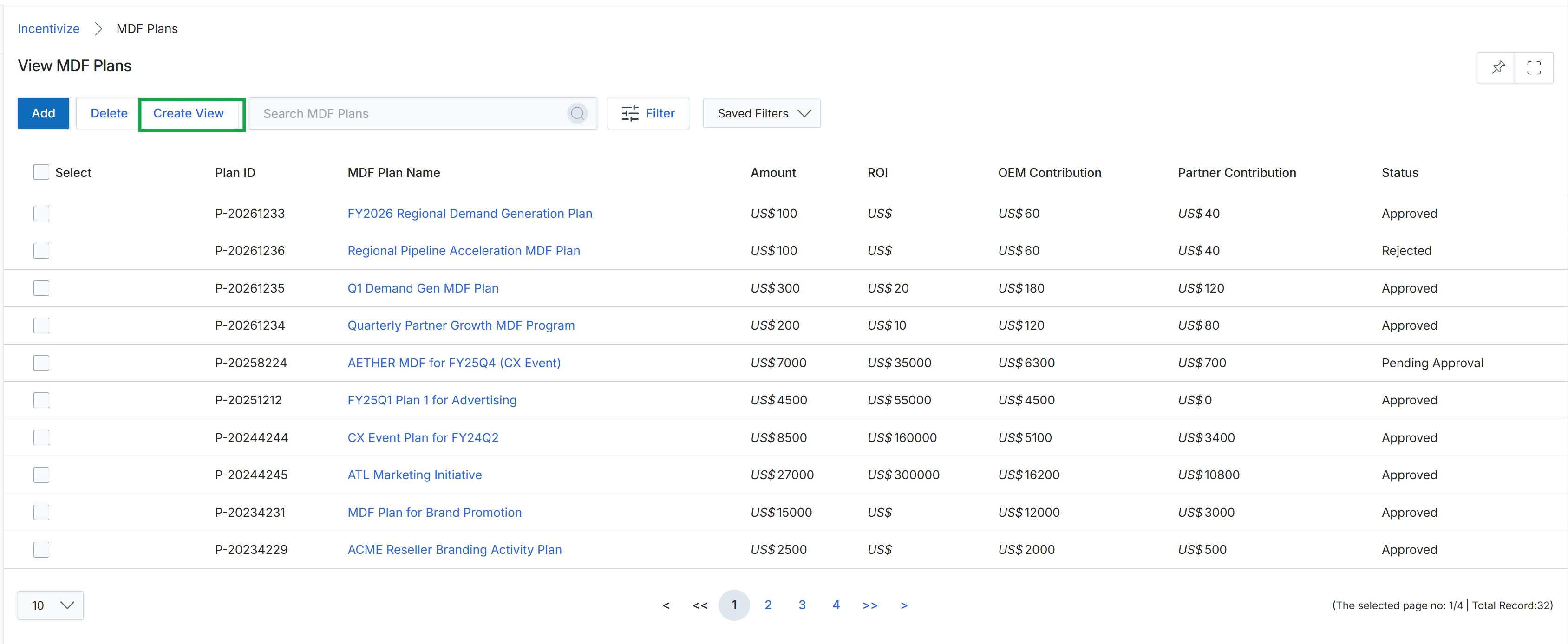 View MDF Plans list page
