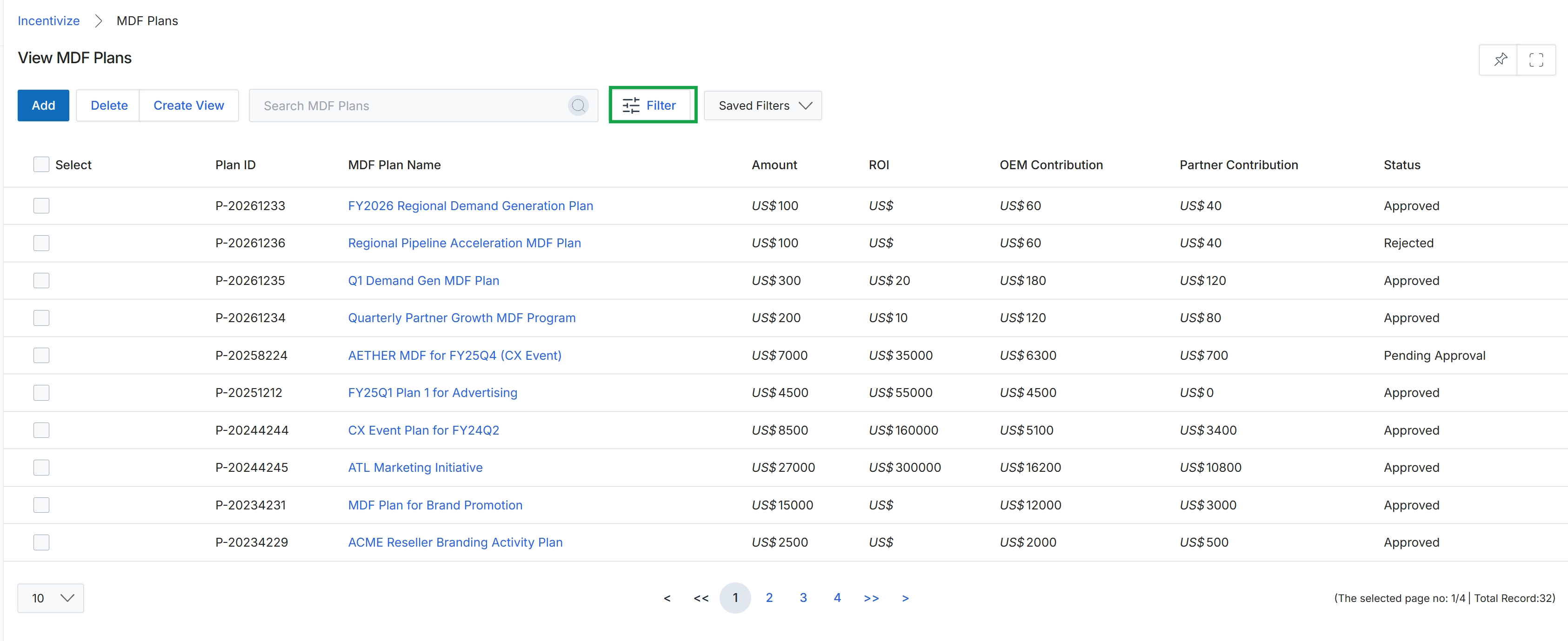 View MDF Plans list page