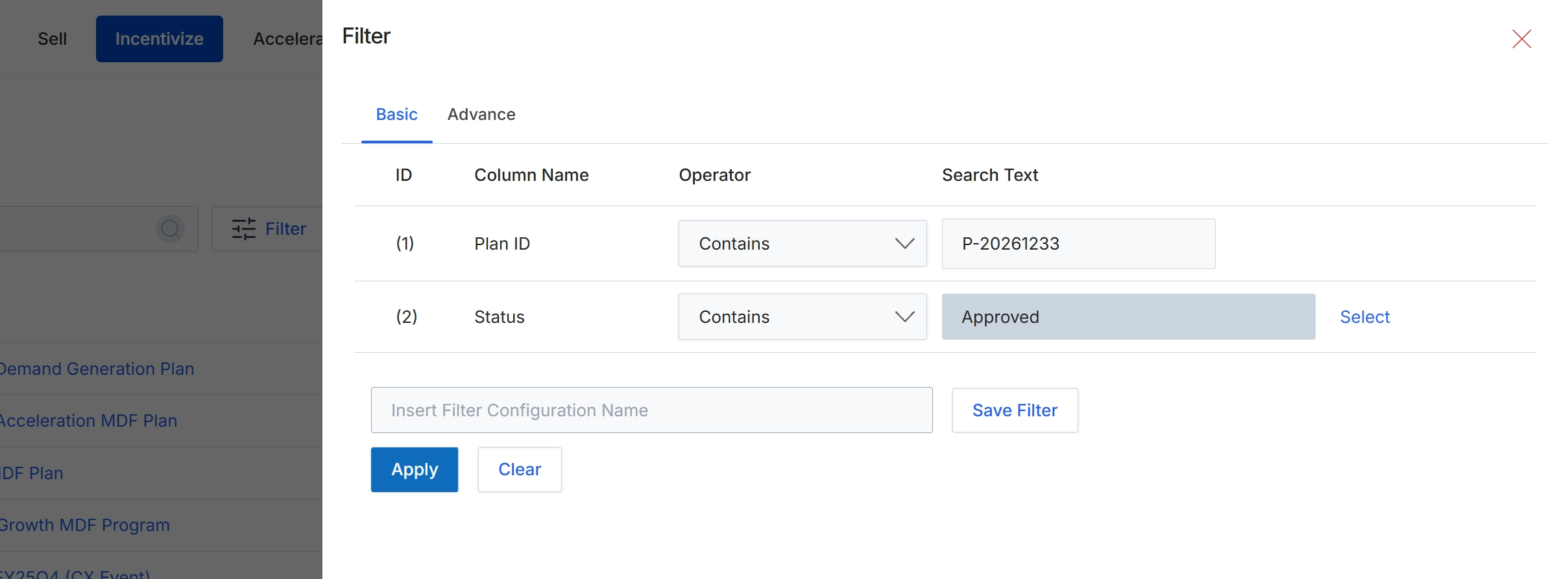 Filter dialog for MDF Plans