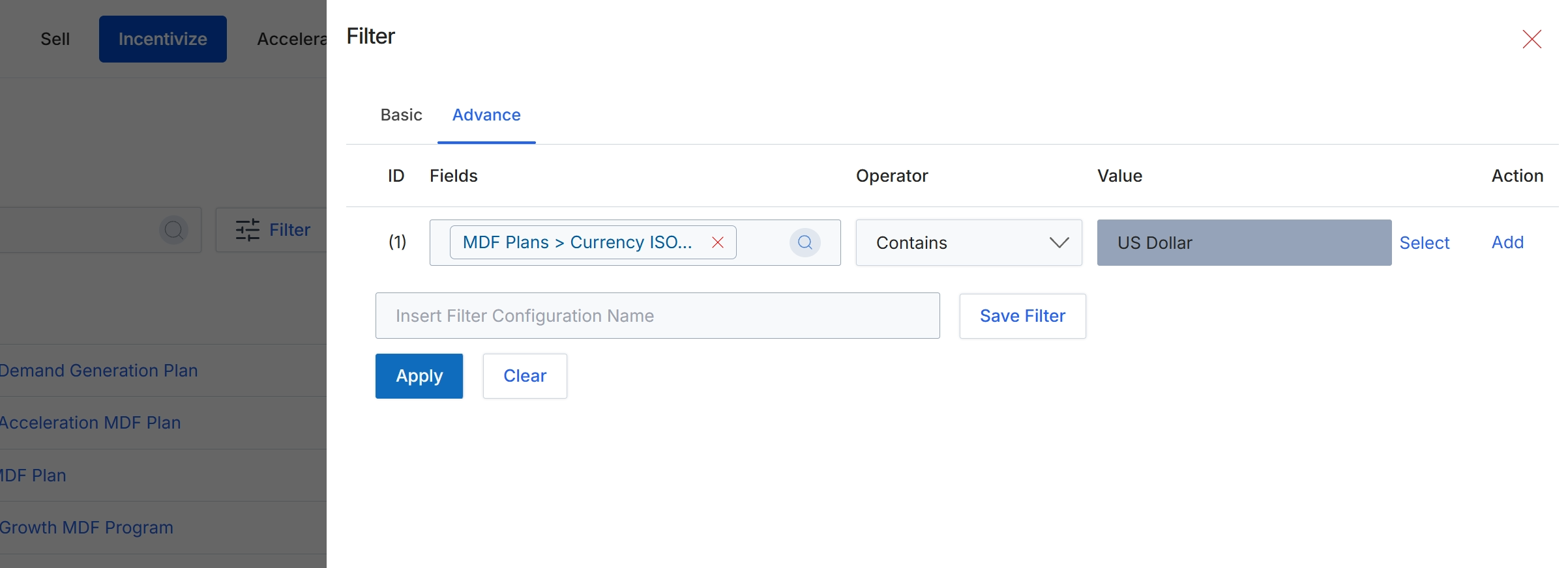Advanced filter dialog for MDF Plans