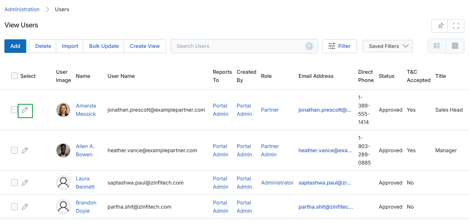 User list view with edit icons