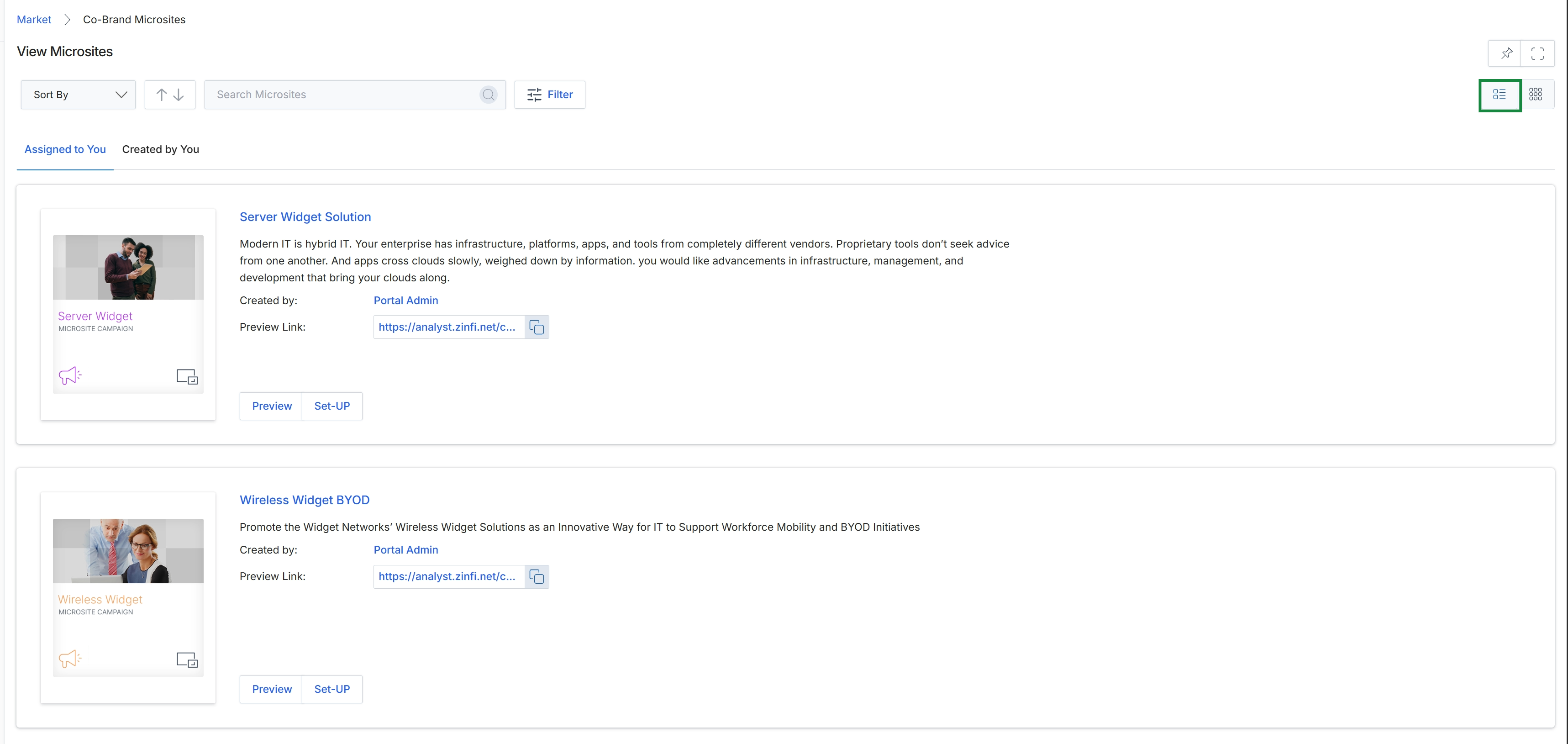Microsites list view