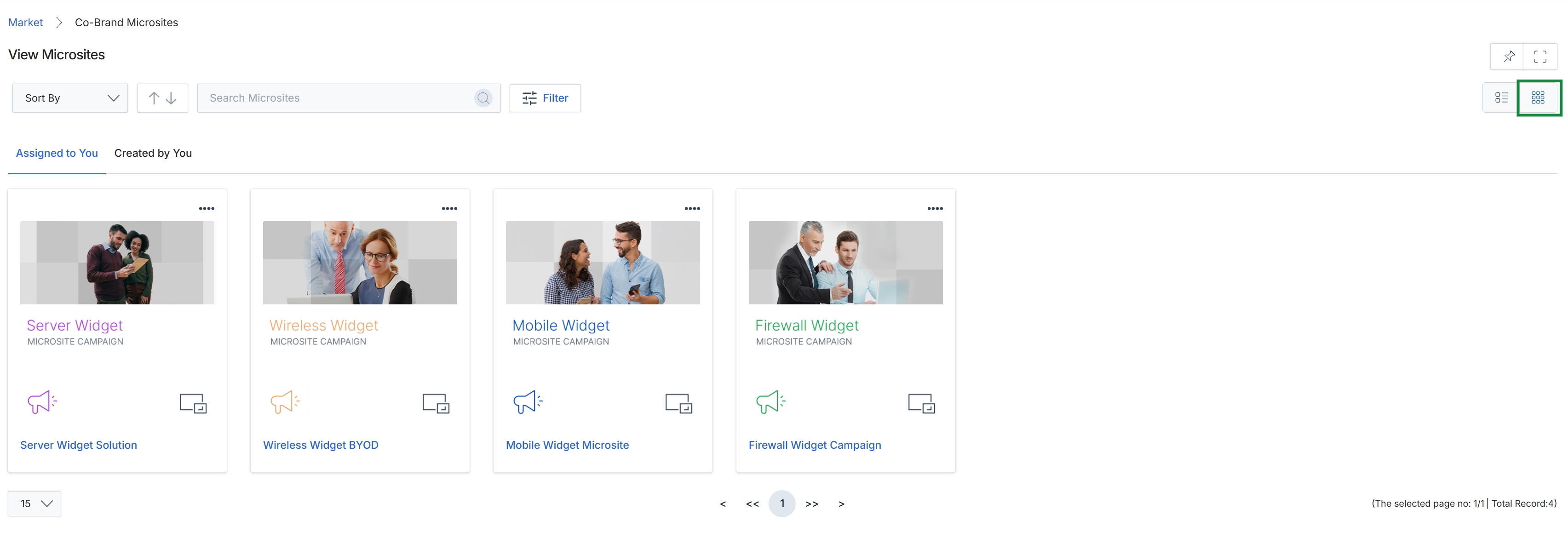Microsites displayed in grid view