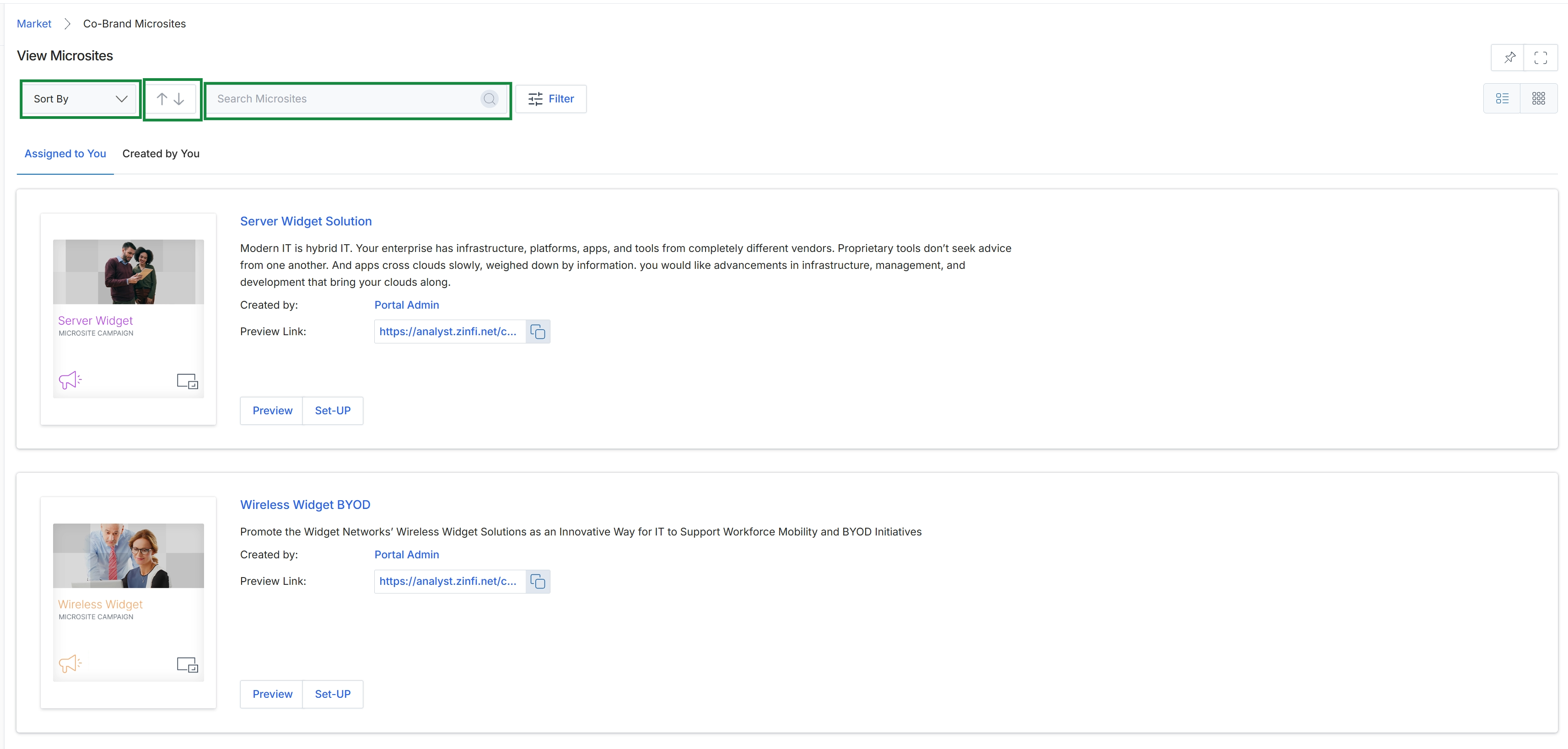 Microsite listing with search and sort options