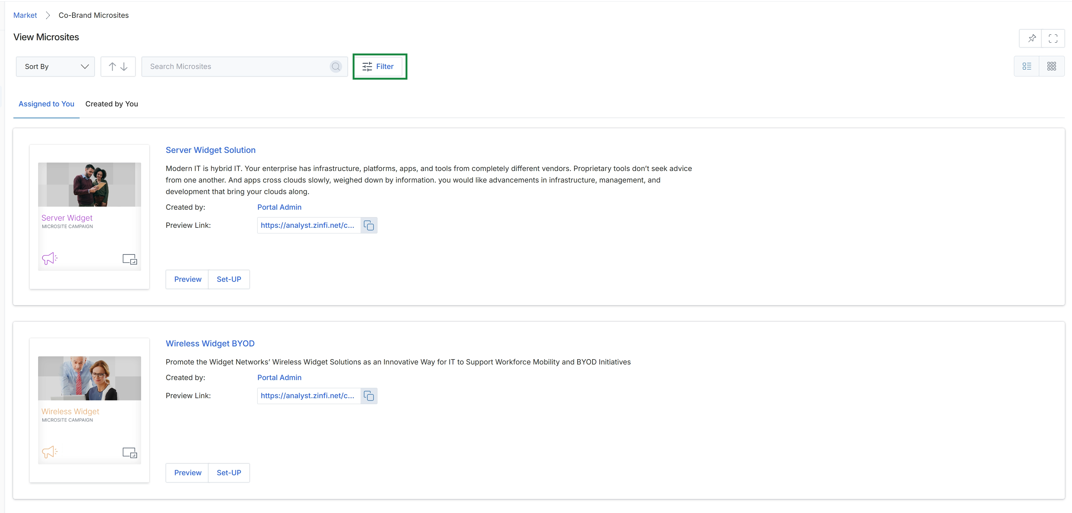 View Microsites page with Filter button highlighted