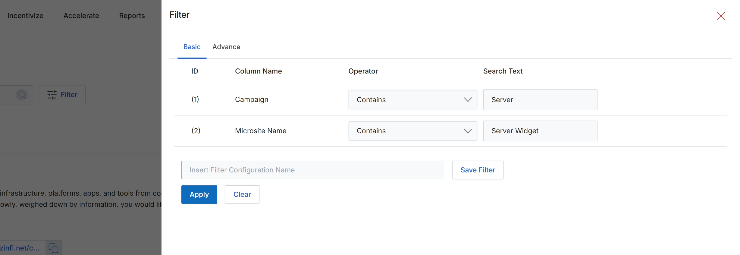 Microsite Filter dialog