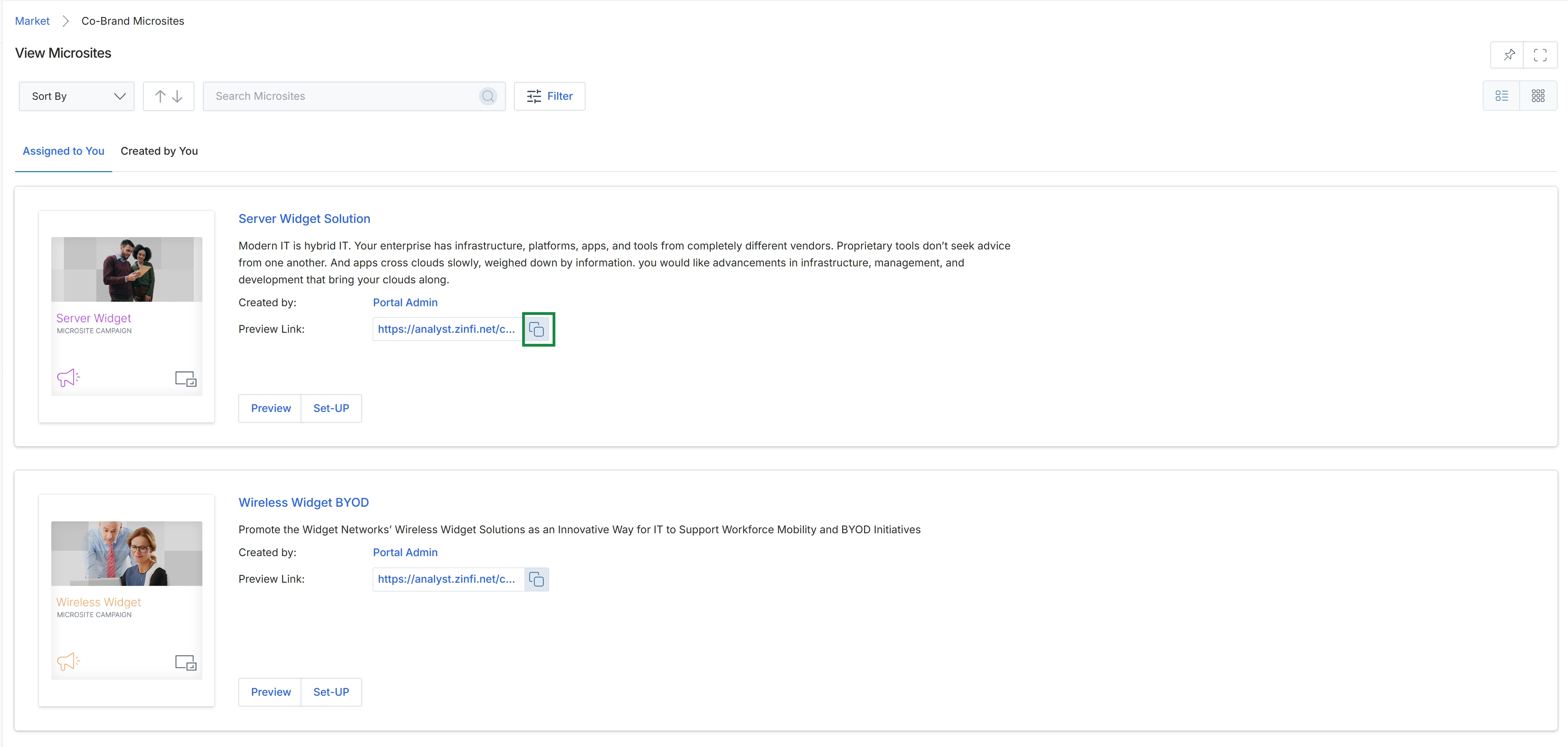 View Microsites list with copy icon highlighted