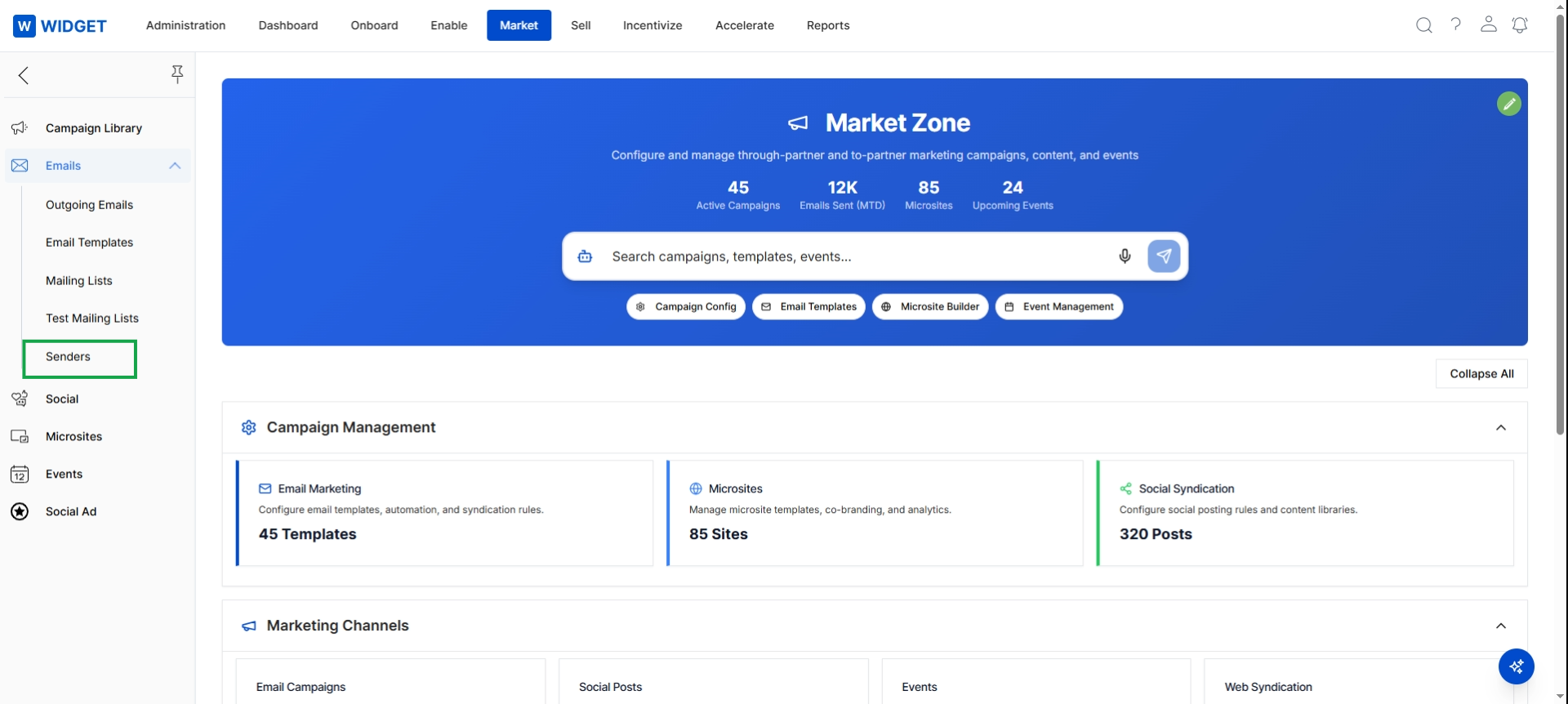Click Market in the top navigation bar, then click Emails in the left navigation menu to expand it, and then click Senders.