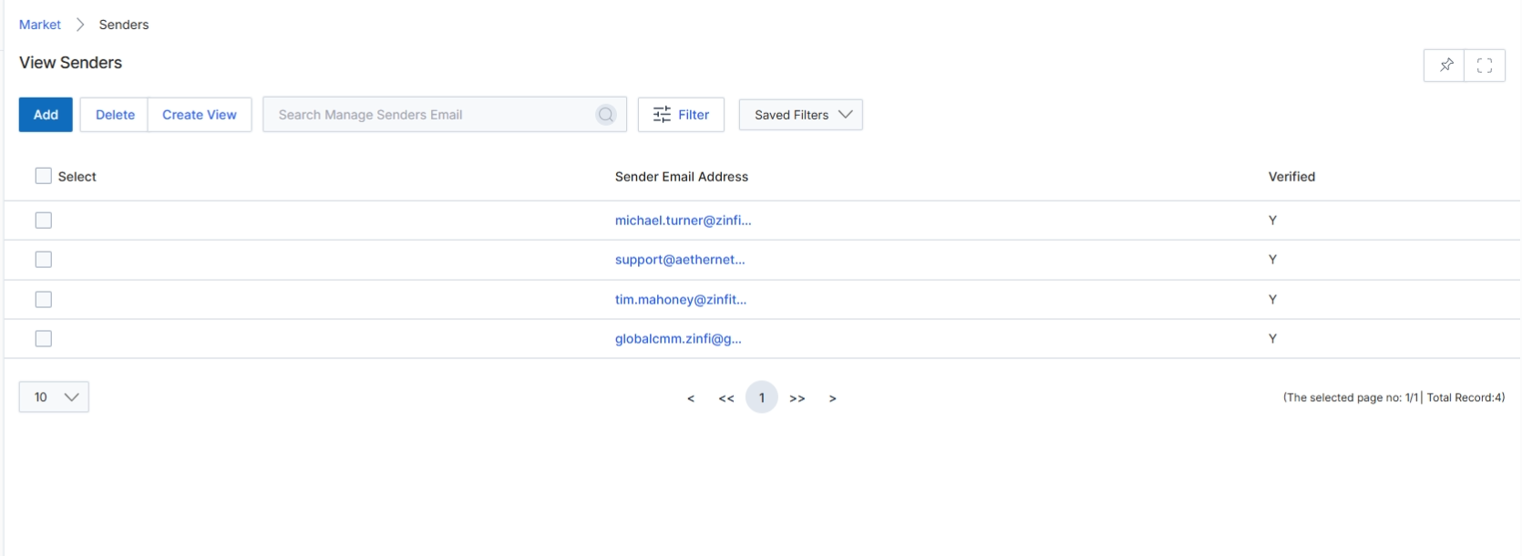 The Senders list view displays all configured email sender addresses within the UPM platform. These sender addresses are crucial for managing email marketing campaigns, as they define the 'From' address for all outgoing communications, ensuring brand consistency and deliverability. This screen allows administrators to review existing sender email addresses, verify their status, and manage them by adding new ones or removing outdated entries. Proper management of sender addresses helps maintain email reputation and ensures that marketing communications reach their intended recipients effectively.