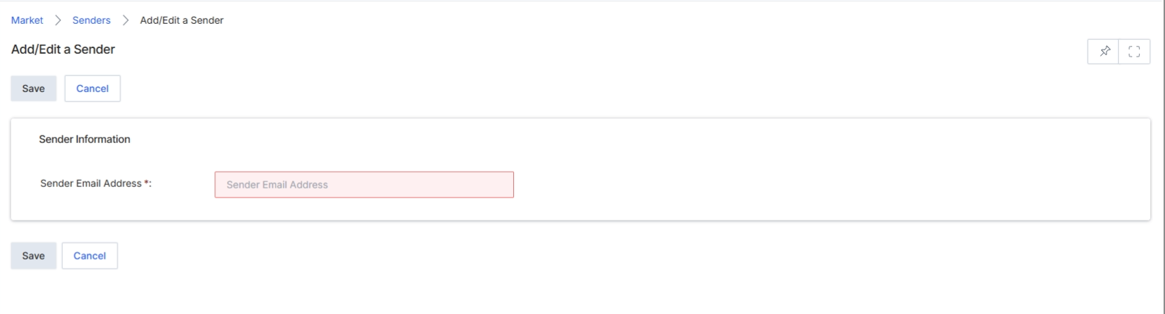 The Add/Edit a Sender form allows users to define and manage email sender addresses within the UPM Market module. These sender addresses are crucial for email campaigns, ensuring that communications sent through the platform originate from recognized and verified sources, which helps improve deliverability and brand consistency. This form is part of the email marketing management functionality, enabling the configuration of email infrastructure that supports various campaign types, including those eligible for Market Development Funds (MDF) or general partner communications. Proper sender configuration is a prerequisite for executing email campaigns, as outlined in the email campaign execution workflow (WF-06).