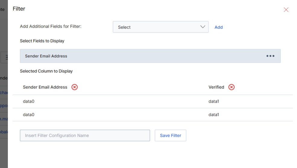 The View Senders screen displays a list of all configured email sender profiles within the UPM platform. These sender profiles define the 'From' email addresses used for outgoing email campaigns, ensuring that communications sent through the Market module are properly branded and attributed. This list view allows administrators to manage existing senders, add new ones, or delete outdated entries. The filter panel, as shown, enables users to customize which fields are displayed as columns in the main sender list and to save specific filter configurations for quick access, facilitating efficient management of potentially large numbers of sender profiles.