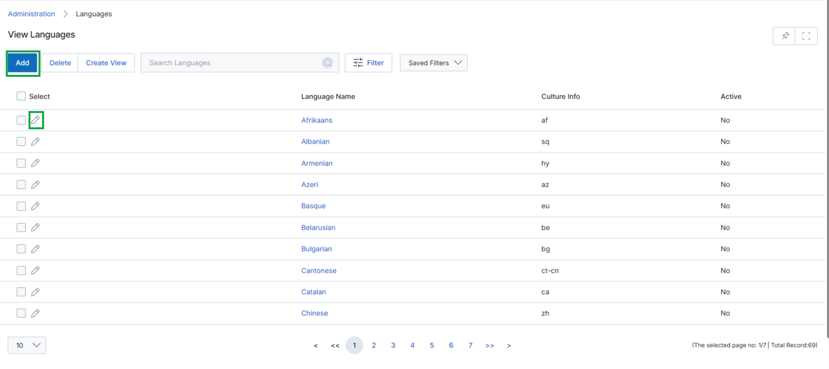 View Languages list page